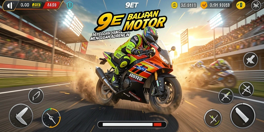 Gameplay 9ET yang penuh aksi balapan motor.