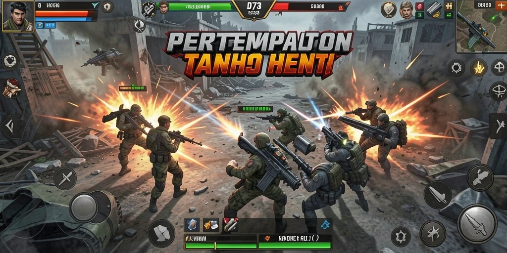 Screenshot utama D73 menampilkan aksi seru dalam pertempuran dengan karakter yang dinamis.