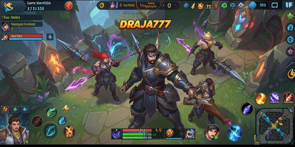 Tangkapan layar menunjukkan intense gameplay DRAJA777 di arena MOBA.