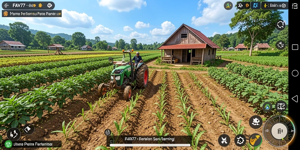 Screenshot gameplay FAV77 dengan ladang yang hijau dan tanaman berwarna-warni.