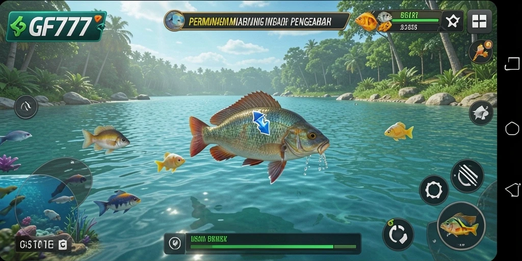 Screenshot gameplay GF777 dengan grafis memukau dan aksi memancing seru.