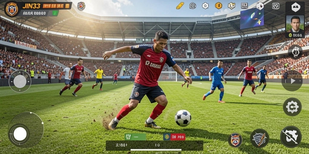 Tangkapan layar utama dari gameplay JIN33 menampilkan aksi sepak bola penuh semangat.